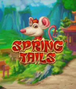 A whimsical illustration of a mouse wearing a red traditional Chinese outfit positioned in front of a vibrant mountain backdrop. The image promotes the Spring Tails game by Betsoft, highlighted with prominent gold and red logo lettering.