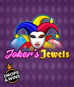 Experience the colorful world of Joker's Jewels slot by Pragmatic Play, featuring a mesmerizing joker's mask adorned with a brightly colored jester hat. This image conveys the light-hearted fun of traditional joker games, set against a purple background. Great for those who love classic slot games, offering a thrilling gaming experience. 